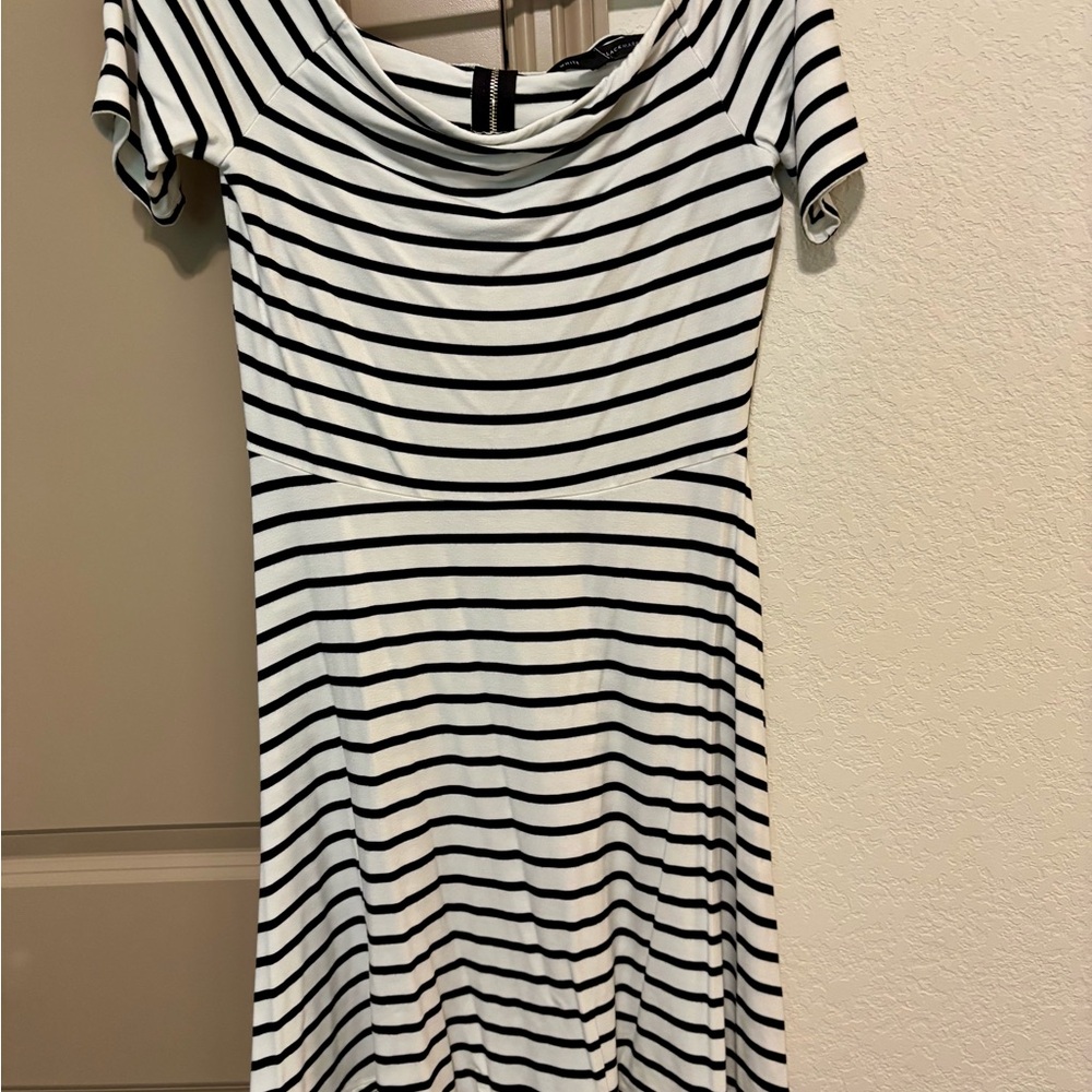 White House Black Market Black and White Cowl Neck Fit and Flare Midi Dress